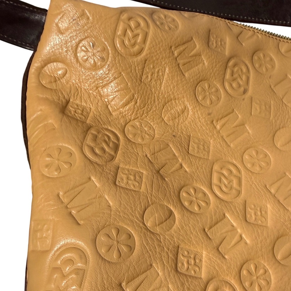 MARINO ORLANDI Vintage Italian Leather Bucket Bag Tan Embossed Monogram Y2K - Picture 16 of 16